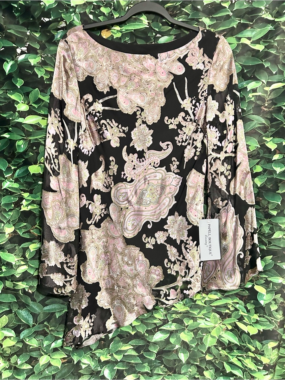 Vintage Papell Boutique Evening Blouse Black Pink Embellished Silk Women's M New